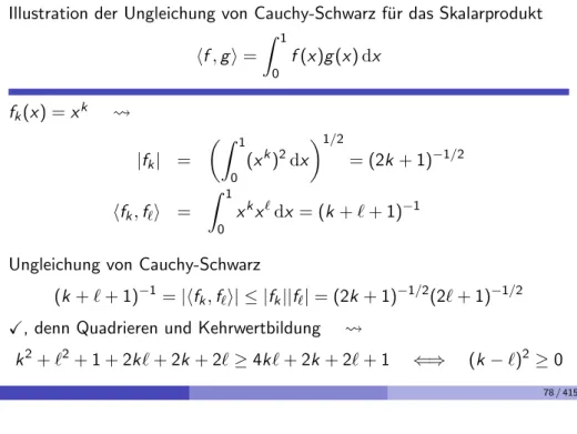 Illustration der Ungleichung von Cauchy-Schwarz f¨ ur das Skalarprodukt hf , g i = Z 1 0 f (x )g (x ) dx f k (x ) = x k |f k | = Z 1 0 (x k ) 2 dx  1/2 = (2k + 1) −1/2 hf k , f ` i = Z 1 0 x k x ` dx = (k + ` + 1) −1 Ungleichung von Cauchy-Schwarz