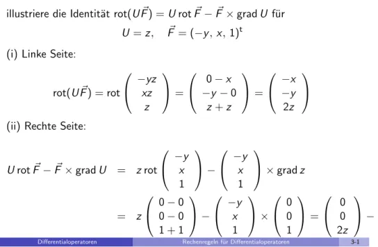 Illustration der Identit¨ at rot(rot F ~ ) = grad(div F ~ ) − ∆ F ~ f¨ ur das Vektorfeld F ~ =   x 2 zy2x z 2 y  (i) Linke Seite:
