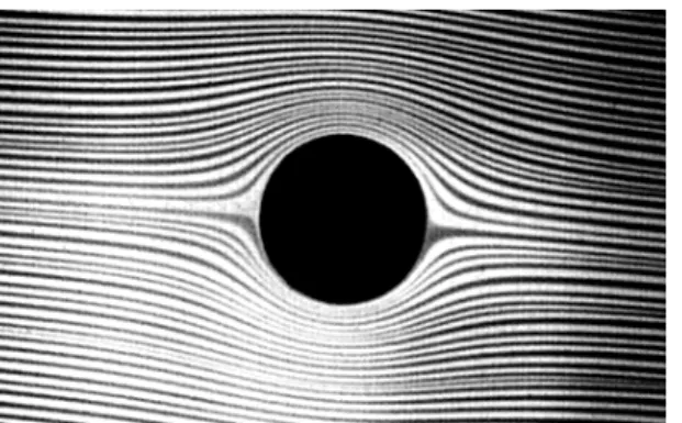 Abbildung 1.3: Bild einer Fl¨ ussigkeitstr¨ omung um einen Zylinder herum, das mit Einf¨ arbung der Fl¨ ussigkeit sichtbar gemacht wurde (links)