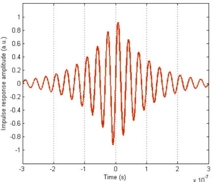 Figure 2. Example of a non-causal odd  impulse response, an increasing then  damped 30 MHz sine wave.