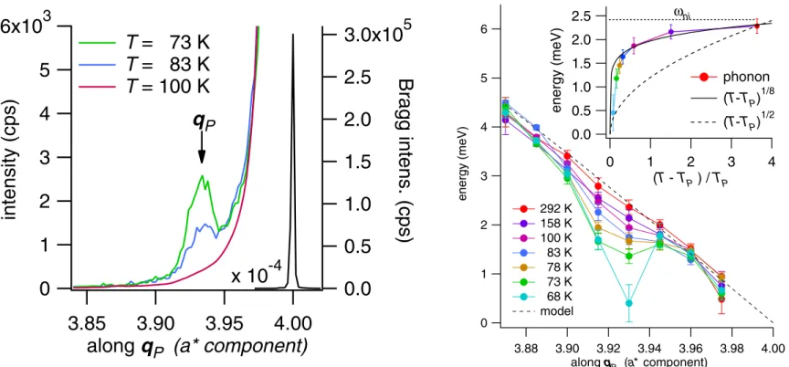 FIG. 2 (color online). Phonon dispersion from ð 40 1 ! Þ in the direction of q~ P at various temperatures T &gt; T P above the  tran-sition
