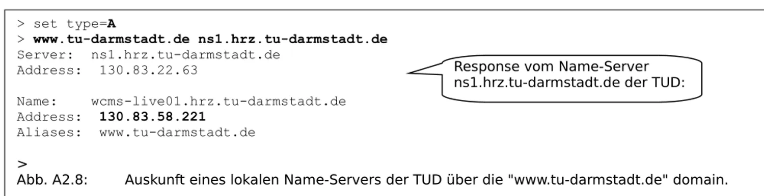 Abb. A2.8: Auskunft eines lokalen Name-Servers der TUD über die &#34;www.tu-darmstadt.de&#34; domain.