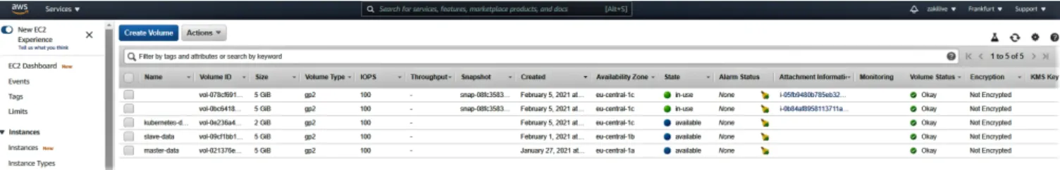 Figure 3.9: Inside the AWS EC2 control panel for EBS data storage