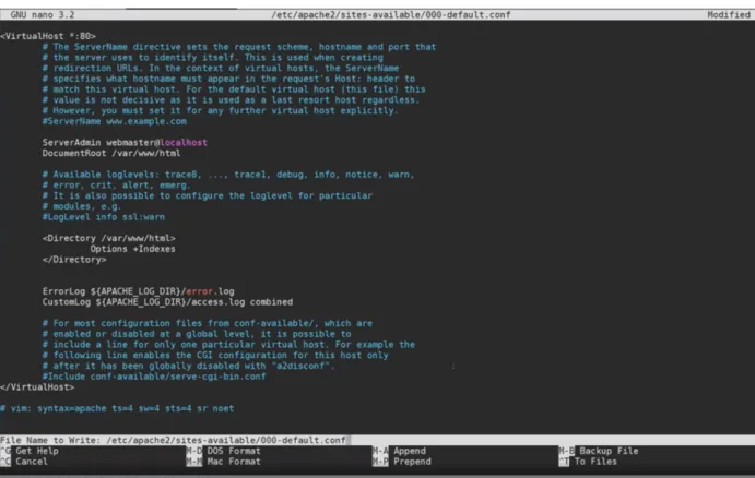 Figure 3.2: Calling nano editor inside ubuntu dockerized image to setup Apache config file