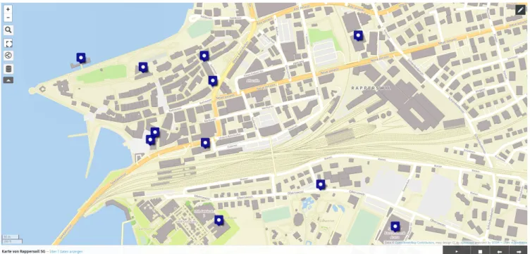 Abbildung 1. Beispiel einer mit uMap erstellten Story-Map. Kartendaten © OpenStreetMap Contributors Die volle Beispielkarte sehen Sie unter https://umap.osm.ch/de/map/karte-von-rapperswil-sg_1377#