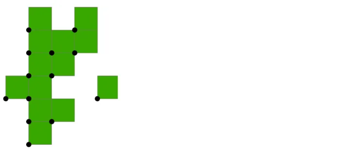 Abbildung 3. Veranschaulichungsbeispiel: Punktdatensatz STATPOP (mit schwarzen Punkten symbolisiert) und Hektar-Rasterzelle, auf welche sich die Informationen des Punktdatensatzes beziehen (grüne