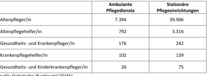 Tabelle 2: Anzahl der Schüler/innen in den Pflegeberufen, 2013  Ambulante  Pflegedienste  Stationäre  Pflegeeinrichtungen  Altenpfleger/in  7.394  39.906  Altenpflegehelfer/in  792  3.316 