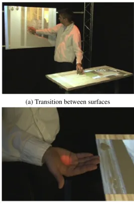 Figure 3: LightSpace Interactions: a) user performs the tran- tran-sition of an object between surfaces ; b) user holds an object with bare hand