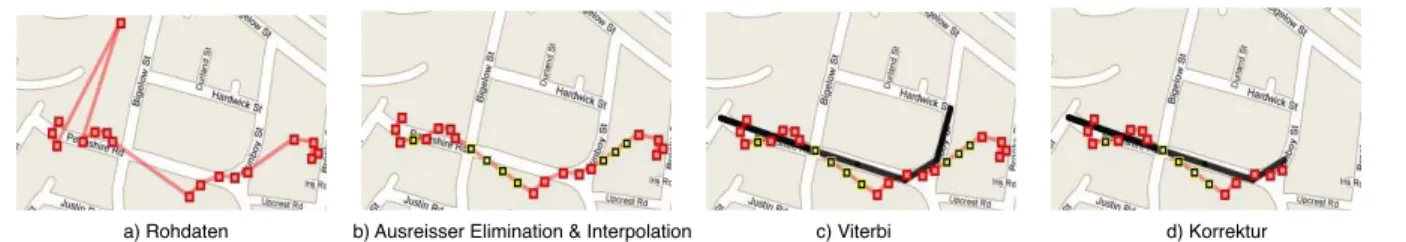 Abbildung 3 zeigt den Ablauf, welcher n¨otig ist, um die Positionsdaten von Reisenden auf eine Strassen- Strassen-karte abzubilden