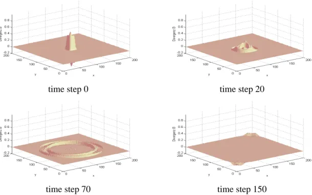 Figure 2: Divergence error propagation obtained with the hyperbolic correction at differ- differ-ent time steps