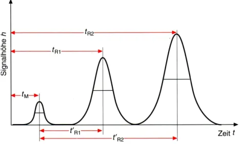 Abb. 2.7:  Chromatogramm mit Gauss-förmigen Peaks und einigen wichtigen Grössen. 