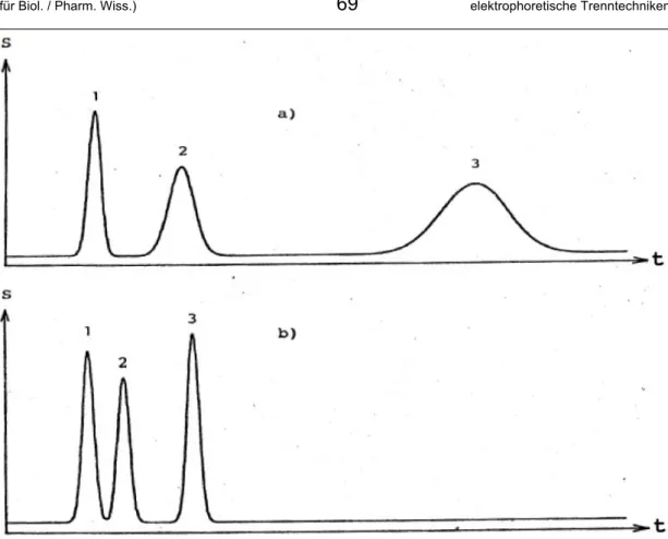 Abb. 3.8:  Vergleich einer (a) isokratischen Elution mit einer (b) Gradientenelution in der  HPLC