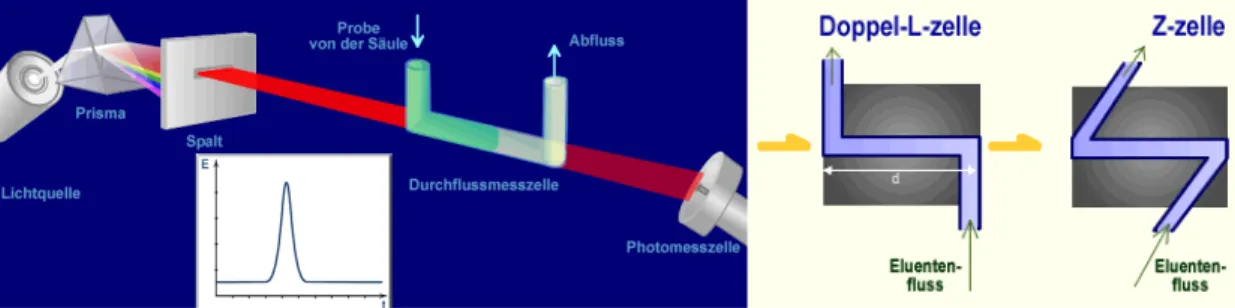 Abb. 3.9:  Prinzipieller Aufbau eines UV/VIS-Detektors (links) und verschiedene Varianten  der Messzelle (rechts)