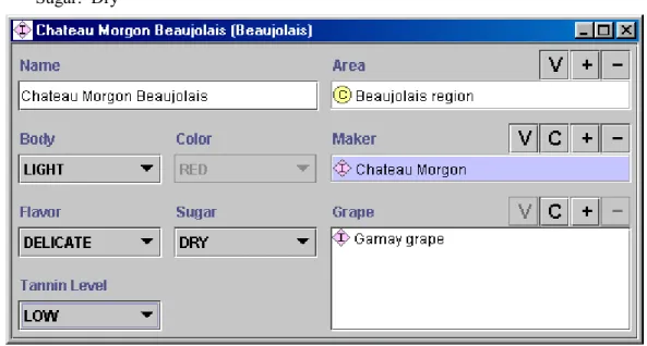 Figure 5. The definition of an instance of the Beaujolais class. The instance is Chateaux Morgon Beaujolais from the Beaujolais region, produced from the Gamay grape by the Chateau Morgon winery