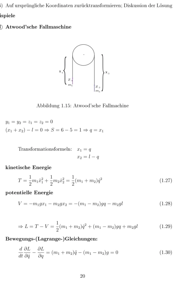 Abbildung 1.15: Atwood'sche Fallmachine y 1 = y 2 = z 1 = z 2 = 0 (x 1 + x 2 ) − l = 0 ⇒ S = 6 − 5 = 1 ⇒ q = x 1 Transformationsformeln: x 1 = q x 2 = l − q kinetische Energie T = 1 2 m 1 x˙ 21 + 12 m 2 x˙ 22 = 12 (m 1 + m 2 ) ˙q 2 (1.27) potentielle Energ