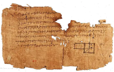 Abbildung 1.1: Papyrusfragment der „Elemente“ des Euklid Abbildung 1.1 zeigt ein Papyrusfragment der „Elemente“ des Euklid 3 , ein Werk, das nicht nur die Geometrie als Wissenschaft begründet hat, sondern auch die Denk- und Argumentationsweise der Mathemat