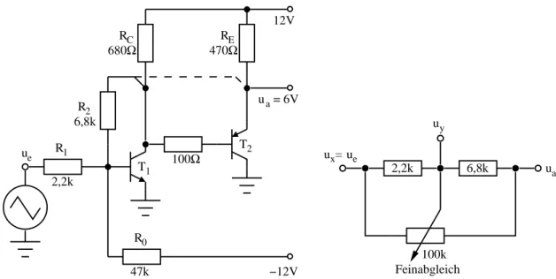 Abbildung 3: a) Gegenkopplung ¨ uber einen Transistor und (gestrichelt) ¨ uber zwei Transistoren, b) Schal- Schal-tung zur gewichteten Addition