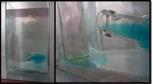 Abb. 1 -  links Versuchsaufbau, rechts kaltes, blaugefärbtes Wasser sinkt zum Boden