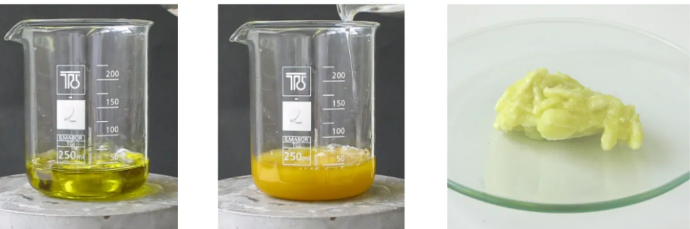 Abb. 2 -  Herstellung einer Seife. Zu erwärmtem Speiseöl (links) wird Natronlauge gegeben, sodass eine Verseifung stattfindet (mitte)