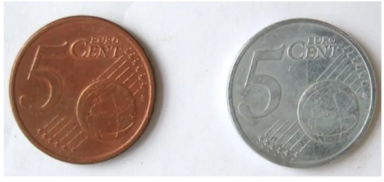 Abb. 2 -  Vergleich der Kupfermünzen: Vor (links) und nach (rechts) dem Behandeln mit Zinkpulver und  Natronlauge.