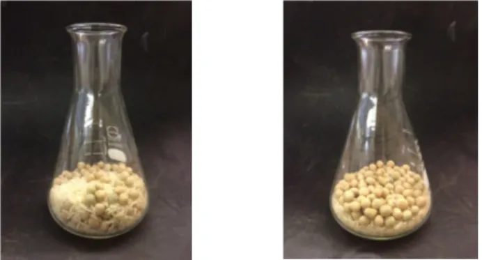 Abbildung 2: Erbsen-Reis Gemenge vor (links) und nach dem schwenken (rechts)
