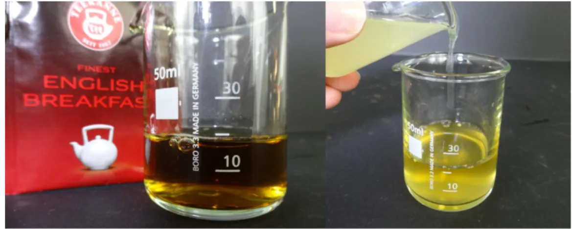 Abb. 5: Das Bild zeigt den schwarzen Tee vor und während der Zugabe des Zitronensafts