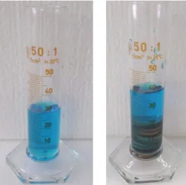 Abb. 2 -  Wasserstand im Messzylinder vor und nach Zugabe der 5-Cent-Münzen (Das    Wasser ist mit blauer Lebensmittelfarbe angefärbt worden)
