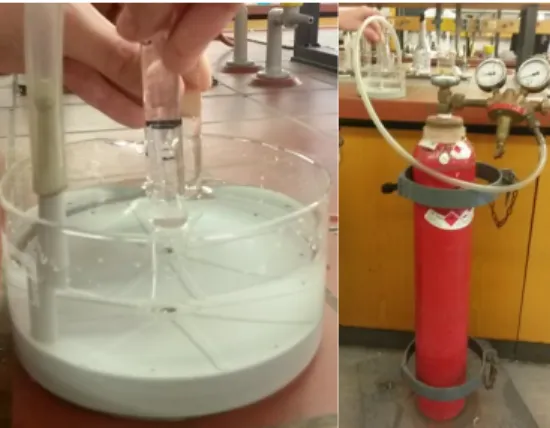Abb. 1- links Befüllen eines Reagenzglases mit Gas mittels pneumatischer Wanne und rechts Druckgasflasche.