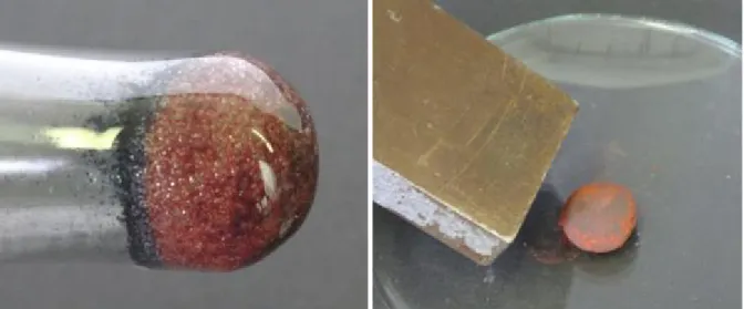 Abb. 5 – Bei der Reaktione von Eisen mit Kupferoxid entstehen Eisenoxid und Kupfer (links), die Reaktion im zweiten Reagenzglas hingegen findet nicht statt, es ist kein Eisen entstanden (rechts).