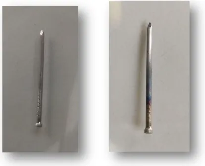 Abbildung 1: Der Eisennagel vor Versuchsbeginn (links) und der Eisennagel nach dem Erhitzen und Abschmirgeln  (rechts)