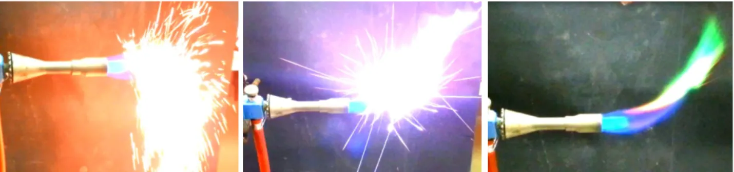 Abbildung 2 – (von links nach rechts) Eisenpulver, Magnesiumpulver, Kupferpulver in der Gasbrennerflamme.