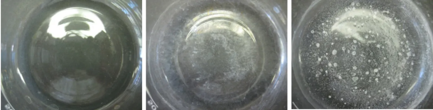 Abbildung 1 - Bechergläser nach dem Verdampfen der Flüssigkeiten, von rechts nach links: demineralisiertes Wasser,  Leitungswasser, Mineralwasser