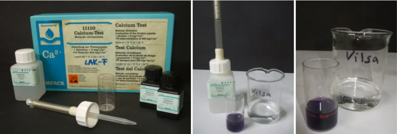 Abb. 4-6  – von links nach rechts: Calcium-Test Kasten, Probe Vilsa Naturelle mit Verbrauch Reagenz 3, Probe Vilsa Naturelle.