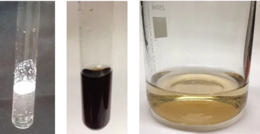 Abb. 3 – Naphtalin in Schwefelsäure vor dem Erhitzen (links) und nach dem Erhitzen (Mitte), nach Überführung in ein Becherglas mit 50 mL dem