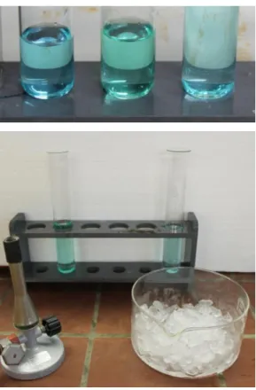 Abb. 2 - Ergebnisse von Versuchsteil a (oben) und Versuchsteil b (Tetrachlorokupfer(II)- (Tetrachlorokupfer(II)-Komplex (links) und Tetraaquakupfer(II)-(Tetrachlorokupfer(II)-Komplex (rechts)) 