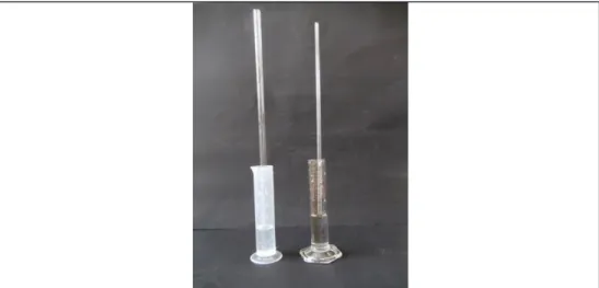 Abbildung 10: Einstellung des dynamischen Gleichgewichtes. Links Messzylinder A (Edukt), rechts Messzylinder B (Produkt)