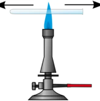 Abbildung 1: Herstellung der Glasampullen. Das Reagenzglas wird in der Brennerflamme erhitzt und in die Länge gezogen