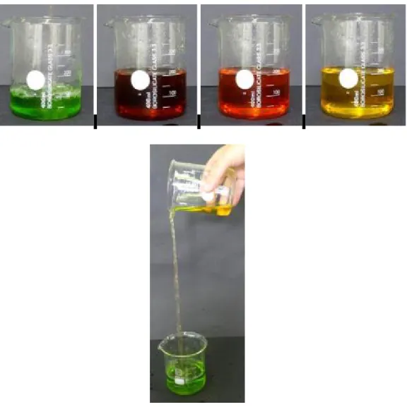 Abb. 10 – Die Farben der Ampel (oben) sowie die Verfärbung von Gelb zu Grün beim Umschütten der Lösung (unten).