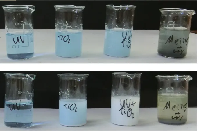 Abb. 3 -  Vergleich der Methylenblau-Lösungen, vor und nach der Beleuchtung