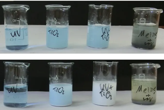 Abb. 3 -  Vergleich der Methylenblau-Lösungen, vor und nach der Beleuchtung 