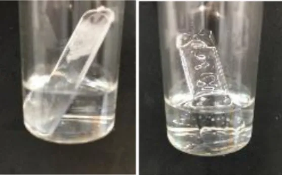 Abbildung  7:  Löslichkeit  in  Aceton  am  Beispiel  von  Polystyrol  kurz  nach  Zugabe  von  Aceton  zu  Polystyrol  (links)  und  nach  einigen  Minuten  (rechts)
