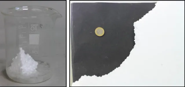 Abbildung 3: Links: Polystyrol löst sich in Aceton. Rechts: Menge an Polystyrol, die in 30 mL Aceton gelöst  werden konnte