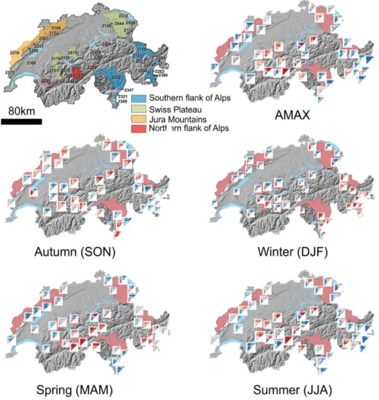 Figure 4.4: Maps showing the catchments and the multi-temporal matrices of the trend analysis  for the annual (AMAX) and seasonal (Autumn, Winter, Spring and Summer) maxima discharge