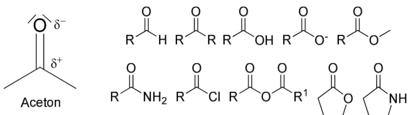 Abbildung 47. Beispiele für Carbonylfunktionen mit verschiedenen funktionellen Gruppen sowie Aceton  als  bekannter  Repräsentant  (von  links  nach  rechts,  oben:  Aldehyd,  Keton,  Carbonsäure,  Carboxylat,  Carbonsäureester,  unten:  Carbonsäureamid,  