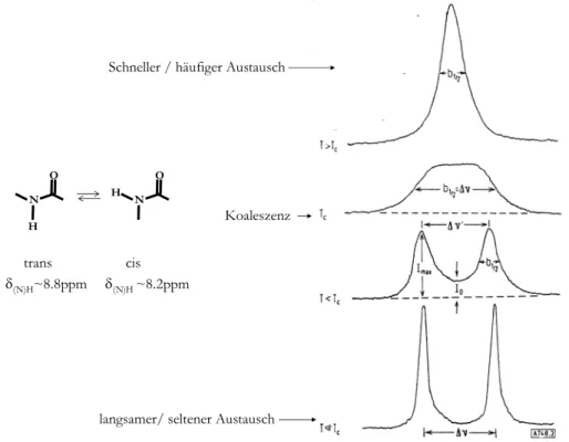 Abbildung 3.5: Temperaturabhängigkeit des NMR-Signals im 1D- 1 H-Spektrum durch chemischen Austausch  (entnommen aus Horst Kessler, „Nachweis gehinderter Rotationen und Inversionen durch NMR Spektroskopie“ (1970),  Angew