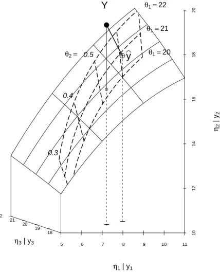 Abbildung 1.2.e: Geometrische Veranschaulichung der nichtlinearen Regression. Es sind zus¨atzlich Linien konstanter Parameterwerte θ 1 respektive θ 2 eingezeichnet