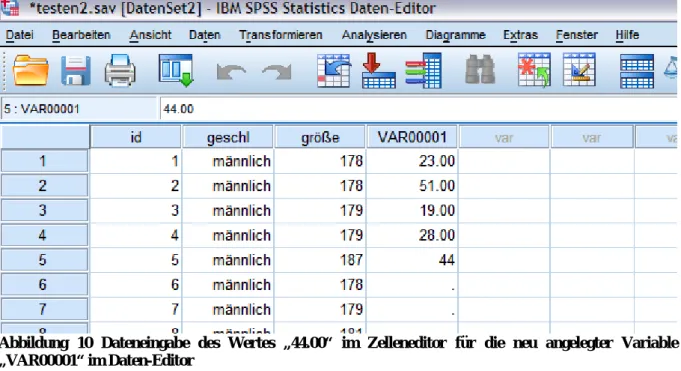 Abbildung 10 Dateneingabe des Wertes „44.00“ im Zelleneditor für die neu angelegter Variable 