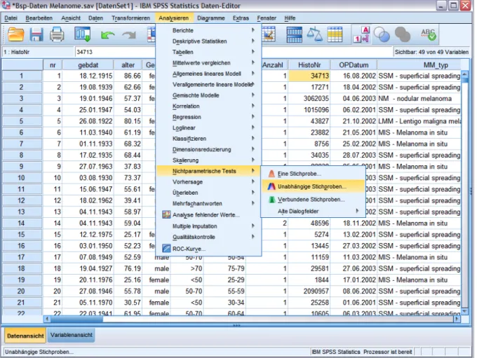 Abbildung 1 Daten-Editorfenster in der Datenansicht mit ausgeklapptem Drop-Down-Menü 