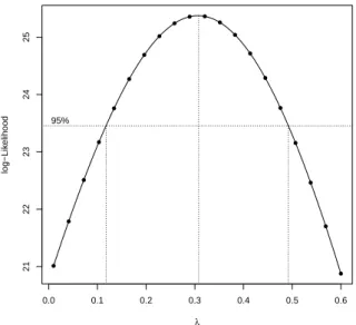 Abbildung 1.2: Profile Likelihood Funktion mit 95% Konfidenzintervall f¨ ur λ.