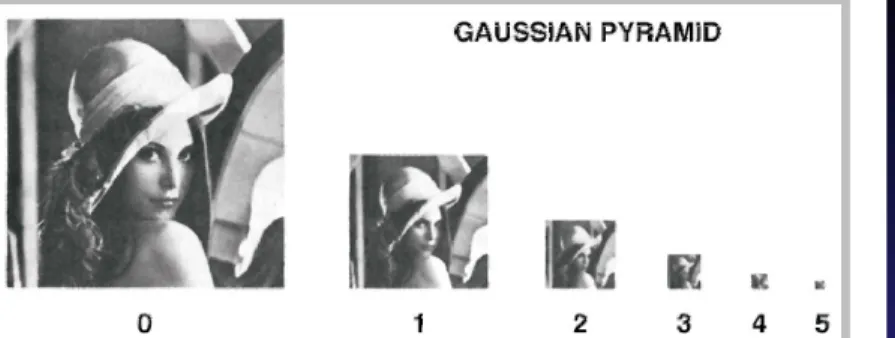Fig. 3: First six levels of the Gaussian pyramid for the “Lena” image. The original image, level 0, measures 257x257 pixels = ⇒ level 5 measures just 9x9 pixels